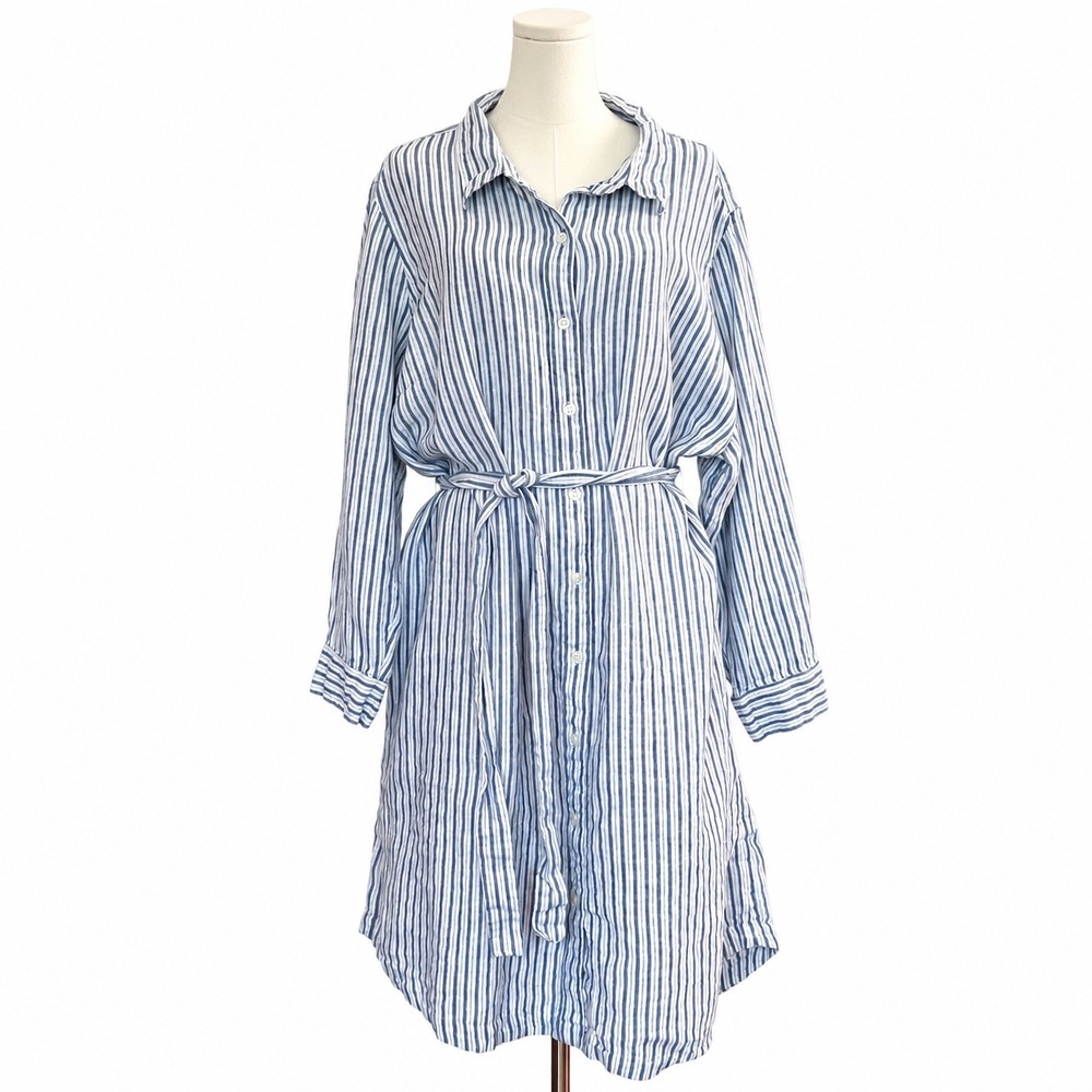 Lands' End Linen Boyfriend Shirt Dress 3X Striped Belted Coastal Button Front